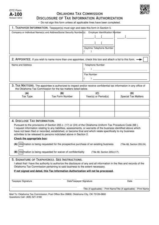 Fillable Otc Form A-100 - Oklahoma Disclosure Of Tax Information Authorization Printable pdf