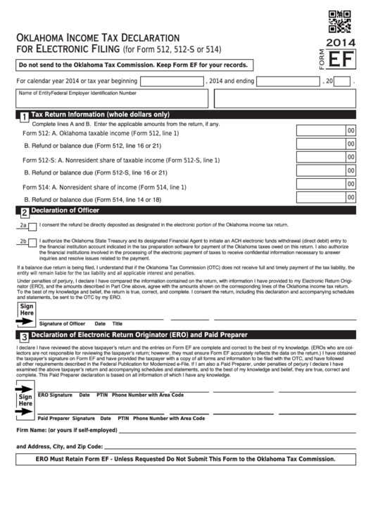 Fillable Form Ef - Oklahoma Income Tax Declaration For Electronic Filing - 2014 Printable pdf