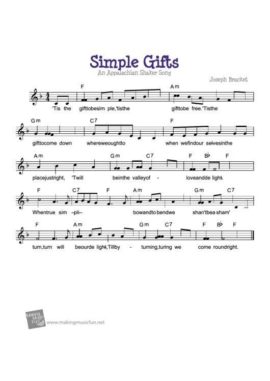 Joseph Bracket - Simple Gifts An Appalachian Shaker Song Sheet Music Printable pdf