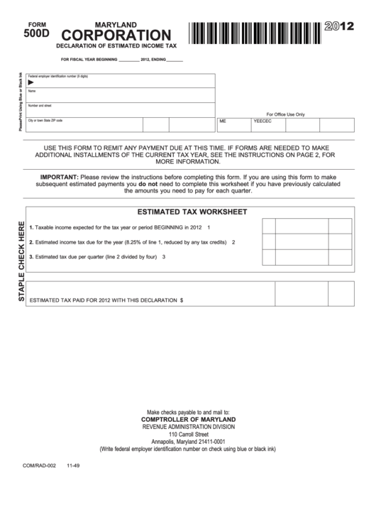 Fillable Form 500d - Maryland Corporation Declaration Of Estimated Income Tax - 2012 Printable pdf