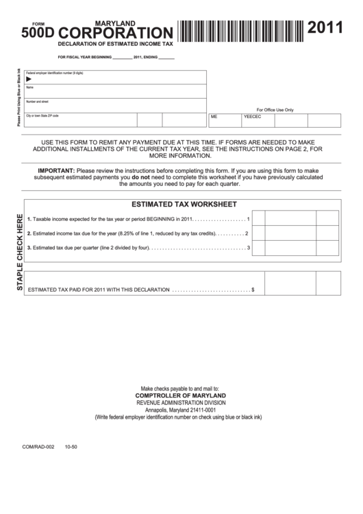 Fillable Form 500d - Maryland Corporation Declaration Of Estimated Income Tax - 2011 Printable pdf