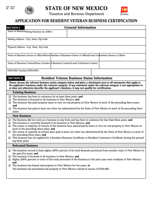 Form Asd 22242 - Application For Resident Veteran Business Certification Printable pdf