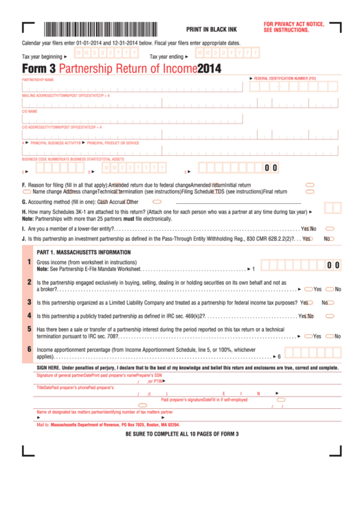 Fillable Form 3 - Partnership Return Of Income - 2014 Printable pdf