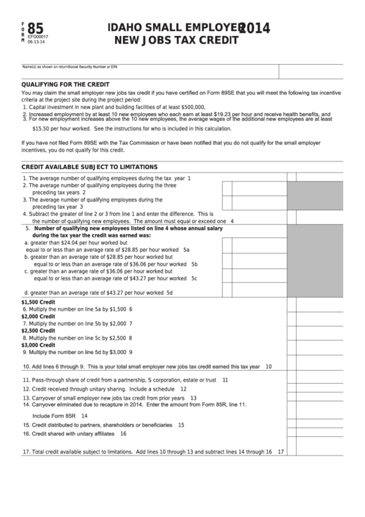 Fillable Form 85 - Idaho Small Employer New Jobs Tax Credit - 2014 Printable pdf
