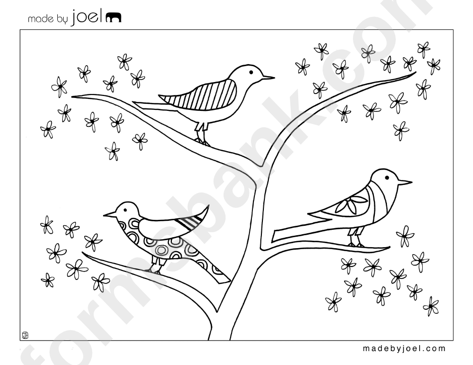 Flower Tree Birds Coloring Sheet