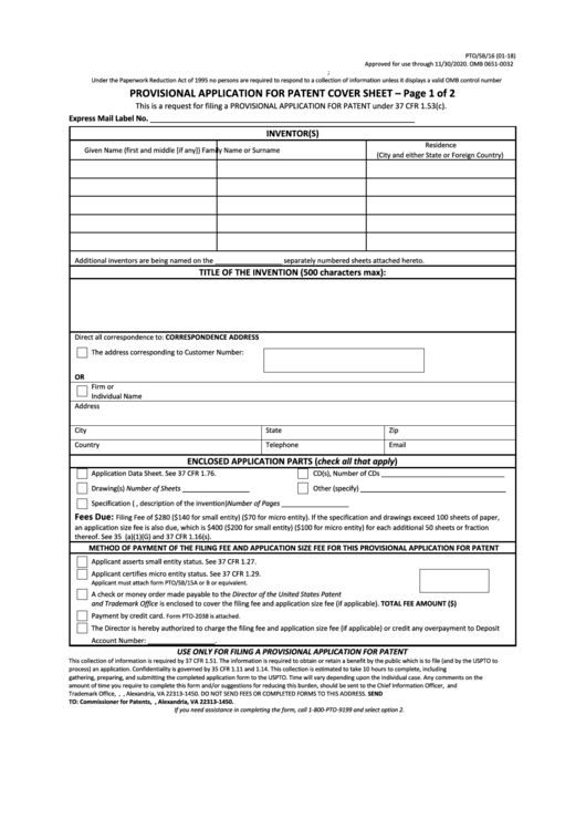Fillable Form Pto/sb/16 - Provisional Application For Patent Cover Sheet Printable pdf