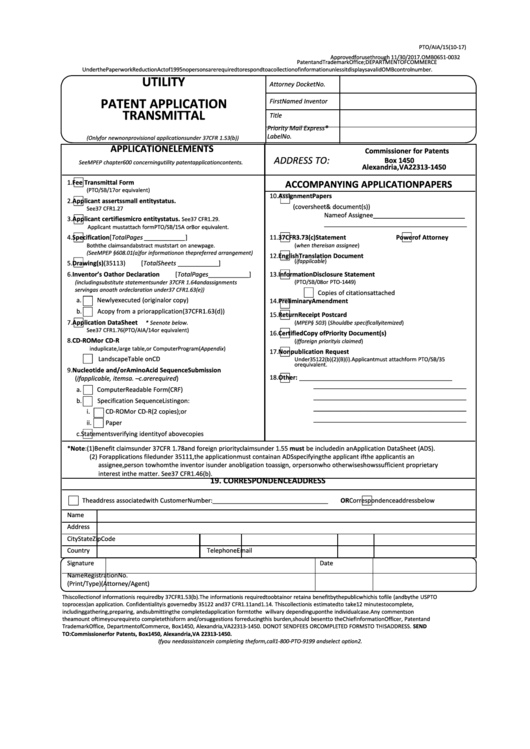 Fillable Form Pto/aia/15 - Utility Patent Application Transmittal Printable pdf
