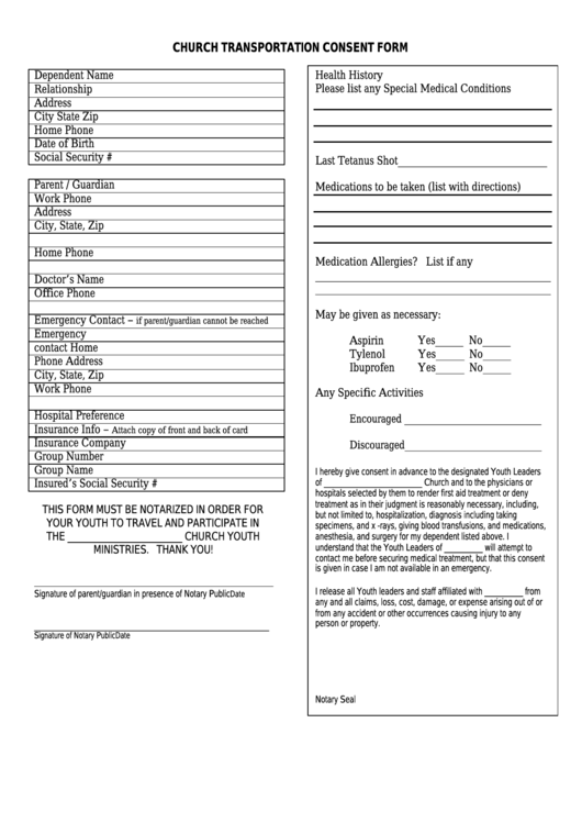 Church Transportation Consent Form Printable pdf