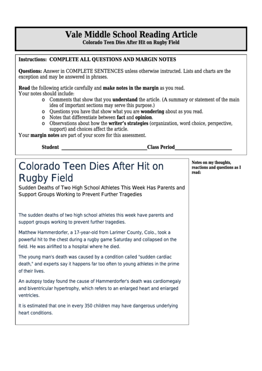 Colorado Teen Dies After Hit On Rugby Field - Middle School Reading Article Worksheet Printable pdf