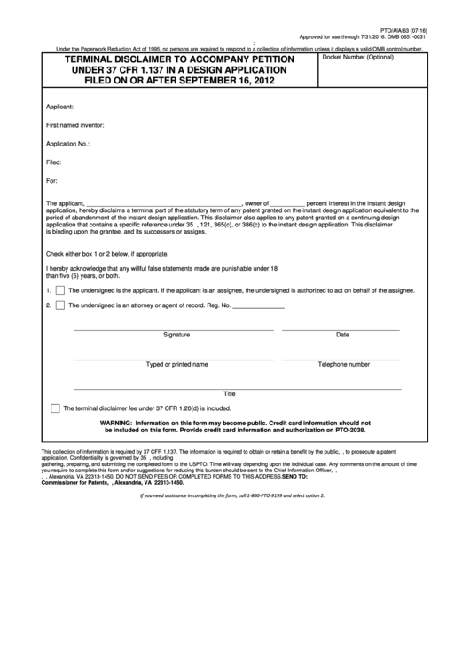 Fillable Form Pto/aia/63 - Terminal Disclaimer To Accompany Petition Under 37 Cfr 1.137 In A Design Application Filed On Or After September 16, 2012 Printable pdf