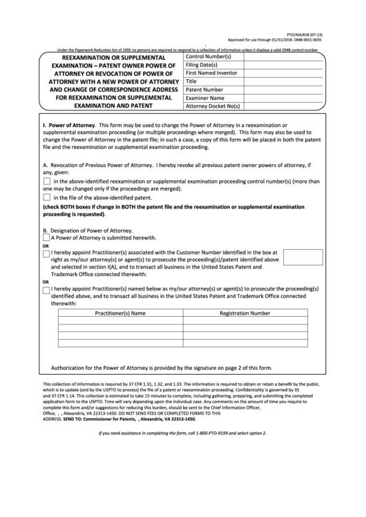 Fillable Form Pto/aia/81b - Reexamination Or Supplemental Examination - Patent Owner Power Of Attorney Or Revocation Of Power Of Attorney With A New Power Of Attorney And Change Of Correspondence Address For Reexamination Or Supplemental Examination And Patent Printable pdf