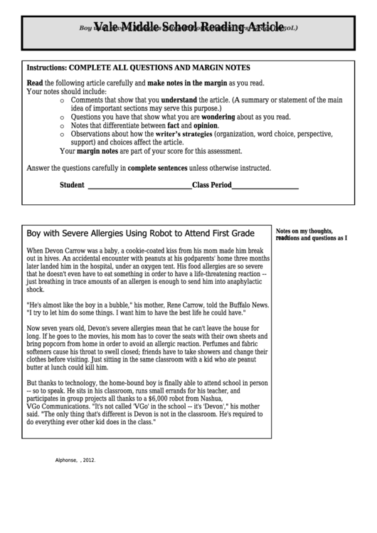 Boy With Severe Allergies Using Robot To Attend First Grade (1150l) - Middle School Reading Article Worksheet Printable pdf