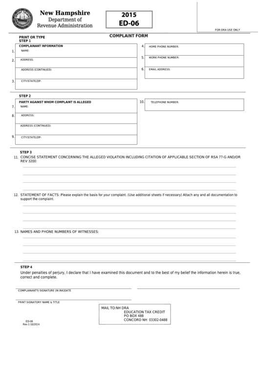 Fillable Form Ed-06 - Complaint Form - 2015 Printable pdf