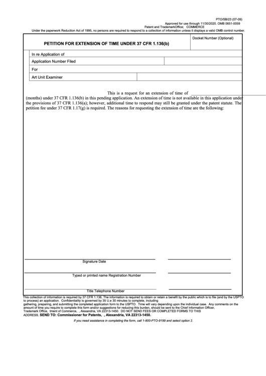 Fillable Form Pto/sb/23 - Petition For Extension Of Time Under 37 Cfr 1.136(B) Printable pdf