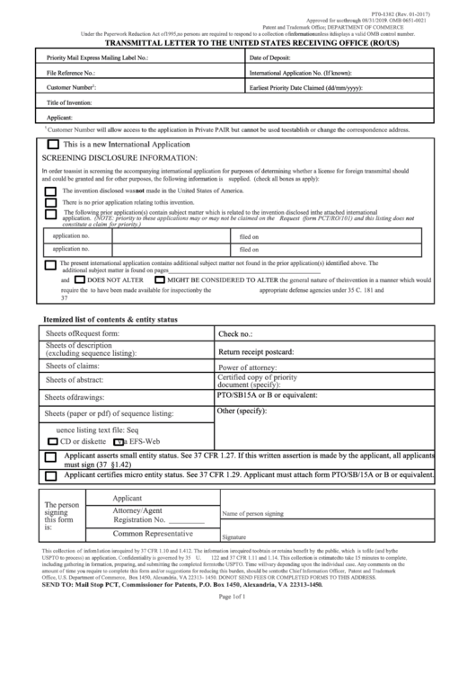 Fillable Form Pt0-1382 - Transmittal Letter To The United States Receiving Office (Ro/us) Printable pdf