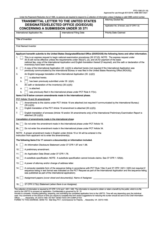 Fillable Form Pto-1390 - Transmittal Letter To The U.s. Designated/elected Office (Do/eo/us) Concerning A Submission Under 35 U.s.c. 371 (For Pct Filing Dates On Or After March 16, 2013) Printable pdf