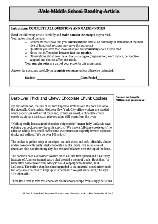 Best-ever Thick And Chewy Chocolate Chunk Cookies (1190l) - Middle School Reading Article Worksheet