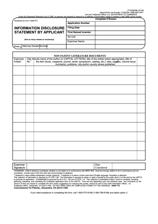 Fillable Form Pto/sb/08b - Information Disclosure Statement By Applicant Printable pdf