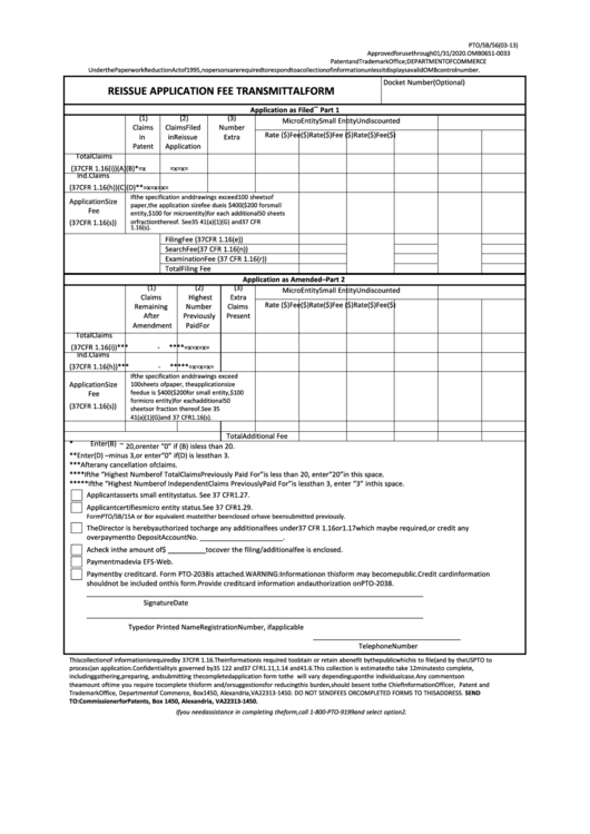 Fillable Form Pto/sb/56 - Reissue Application Fee Transmittal Printable pdf