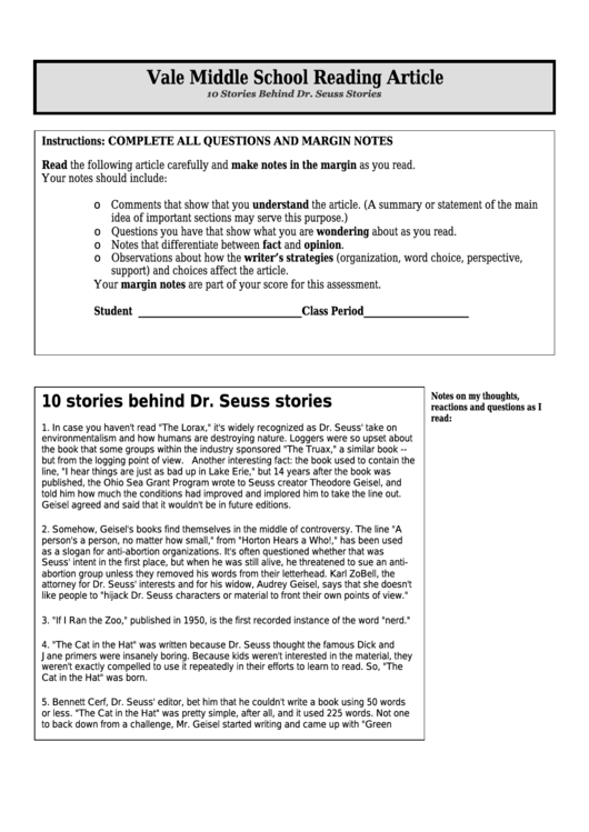 10 Stories Behind Dr. Seuss Stories - Middle School Reading Article Worksheet