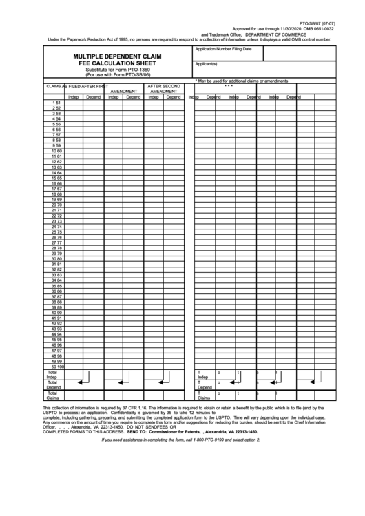 Fillable Form Pto/sb/07 - Multiple Dependent Claim Fee Calculation Sheet Printable pdf