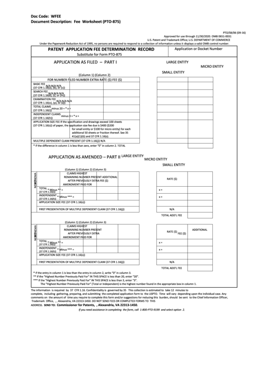 Fillable Form Pto/sb/06 - Patent Application Fee Determination Record Printable pdf