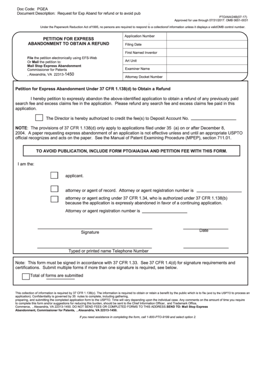Fillable Form Pto/aia/24b - Petition For Express Abandonment To Obtain A Refund Printable pdf