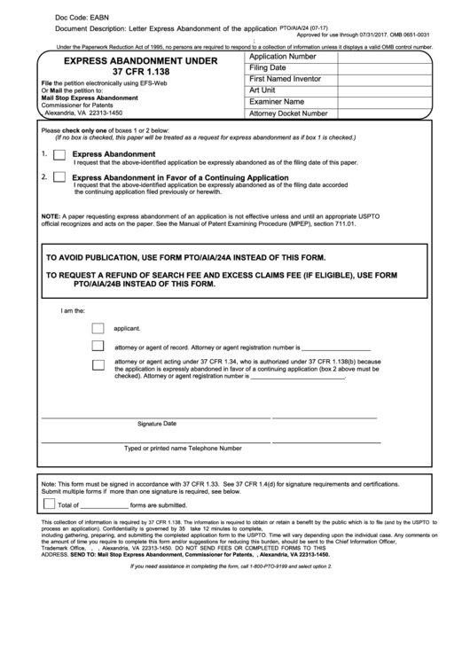Fillable Form Pto/aia/24 - Express Abandonment Under 37 Cfr 1.138 Printable pdf