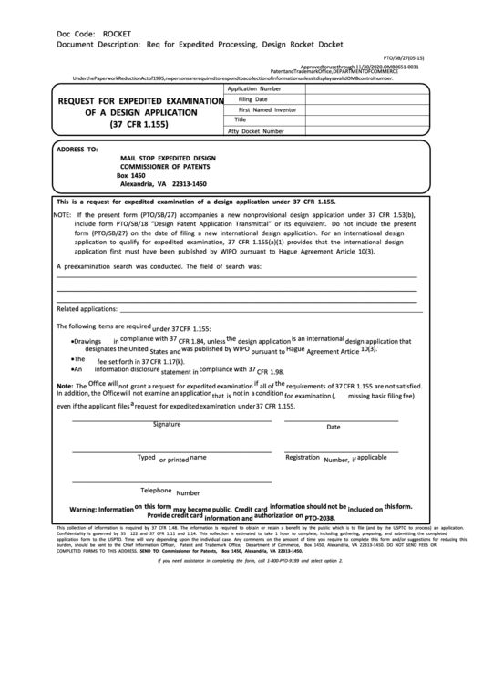 Fillable Form Pto/sb/27 - Request For Expedited Examination Of A Design Application (37 Cfr 1.155) Printable pdf