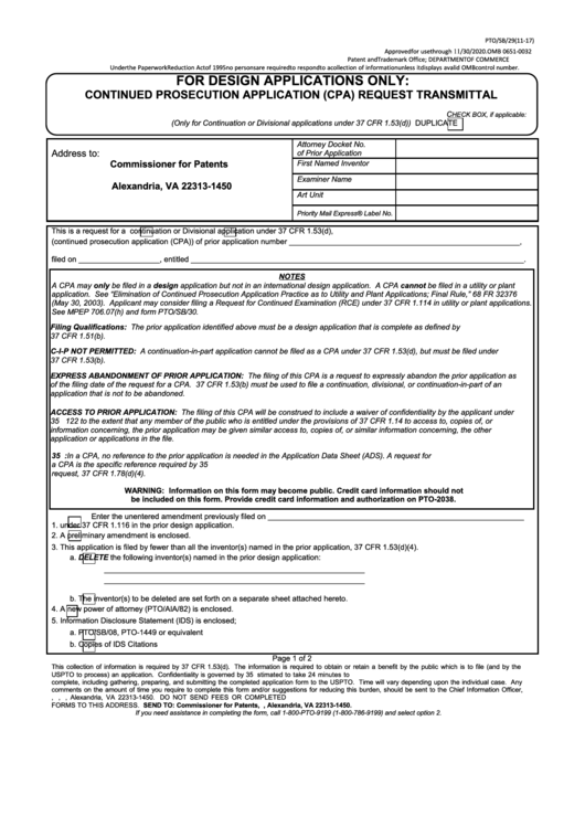 Fillable Form Pto/sb/29 - For Design Applications Only: Continued Prosecution Application (Cpa) Request Transmittal Printable pdf