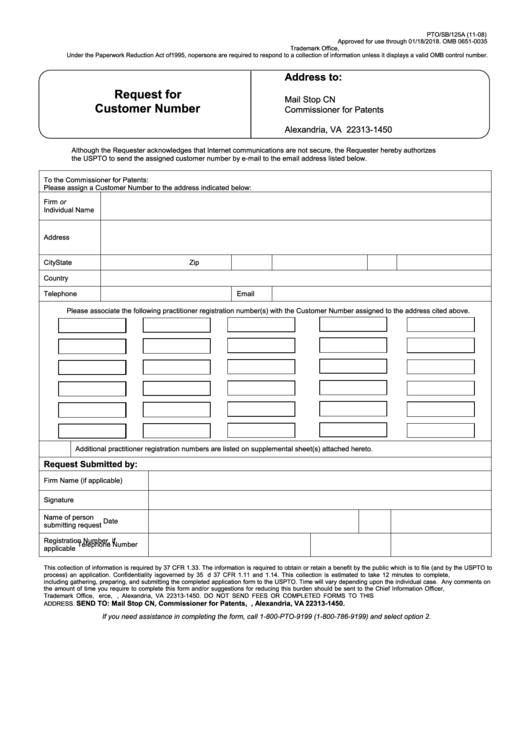 Fillable Form Pto/sb/125a - Request For Customer Number Printable pdf