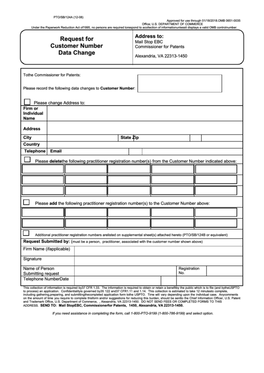 Fillable Form Pto/sb/124a - Request For Customer Number Data Change Printable pdf