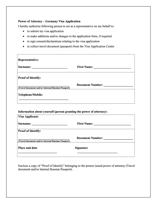Power Of Attorney - Germany Visa Application printable pdf download