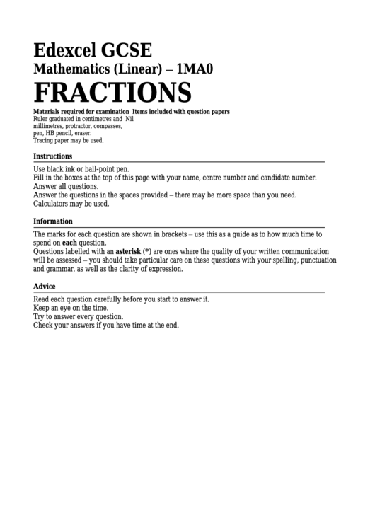 Edexcel Gcse Mathematics (Linear) - Fractions Printable pdf