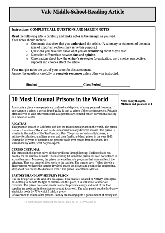 Most Unusual Prisons In The World - Middle School Reading Article Worksheet Printable pdf