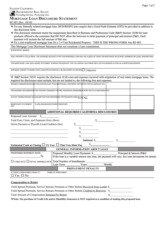 Fillable Form Re 883 - Mortgage Loan Disclosure Statement - California Department Of Real Estate Printable pdf