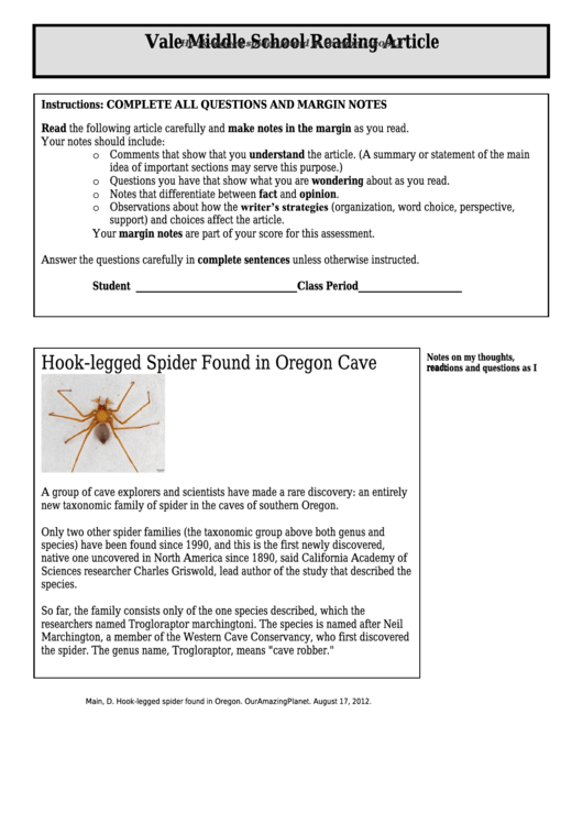 Hook-Legged Spider Found In Oregon (1200l) - Middle School Reading Article Worksheet Printable pdf