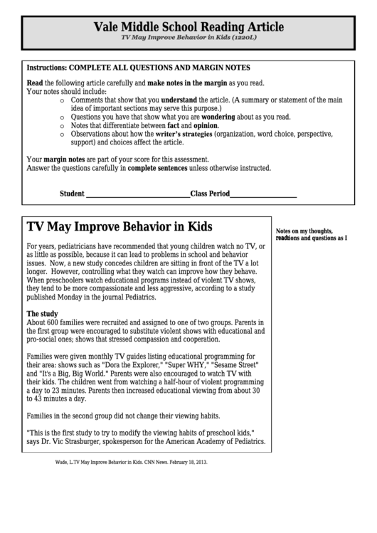 Tv May Improve Behavior In Kids (1220l) - Middle School Reading Article Worksheet Printable pdf