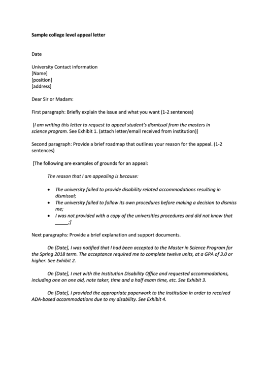 Sample College Level Appeal Letter Printable pdf