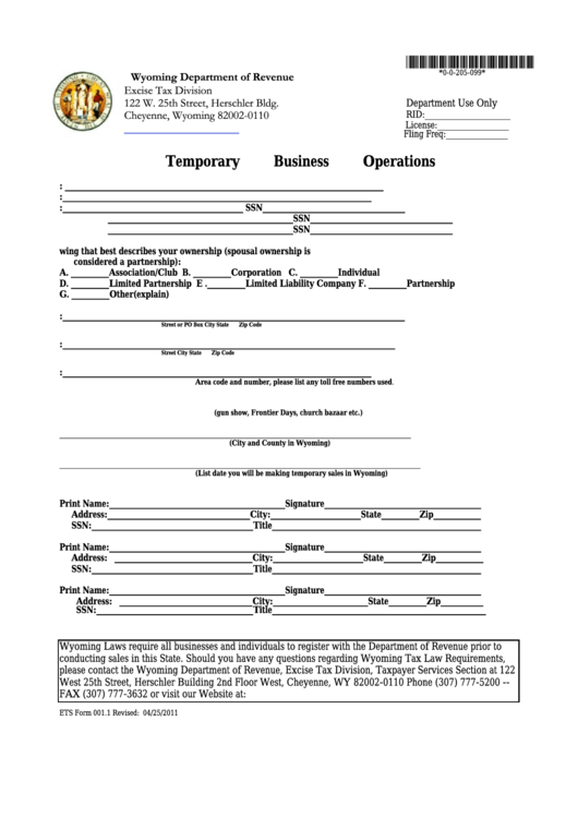 Form 001.1 - Sales And Use Tax License Application Temporary Business Operation Printable pdf