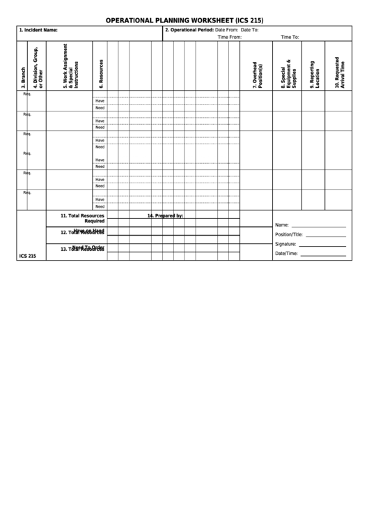 Fillable Form Ics 215 - Operational Planning Worksheet Printable pdf