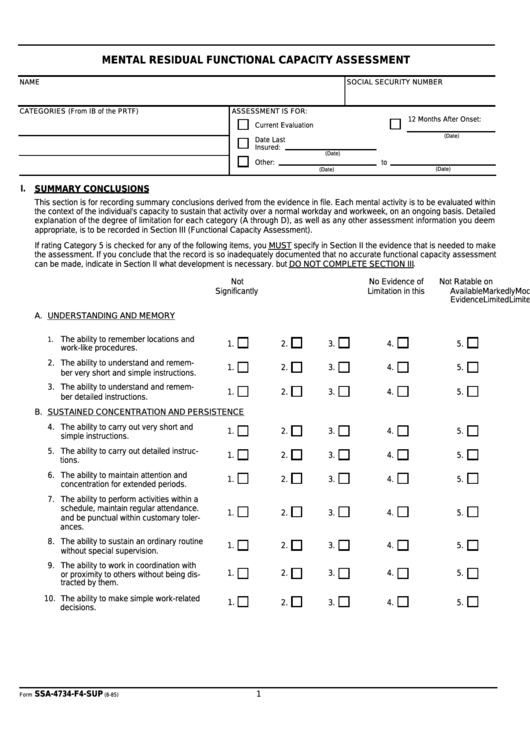 Fillable Form Ssa-4734-F4-Sup - Mental Residual Functional Capacity Assessment Printable pdf