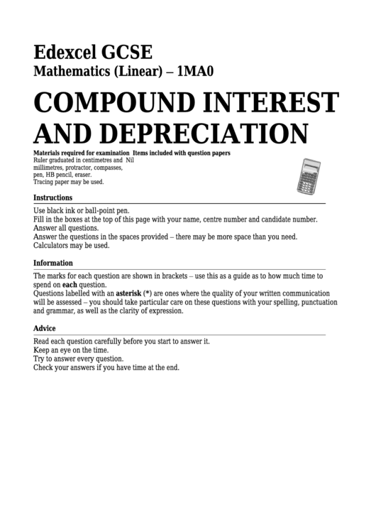 Edexcel Gcse Mathematics (Linear) - Compound Interest And Depreciation Printable pdf