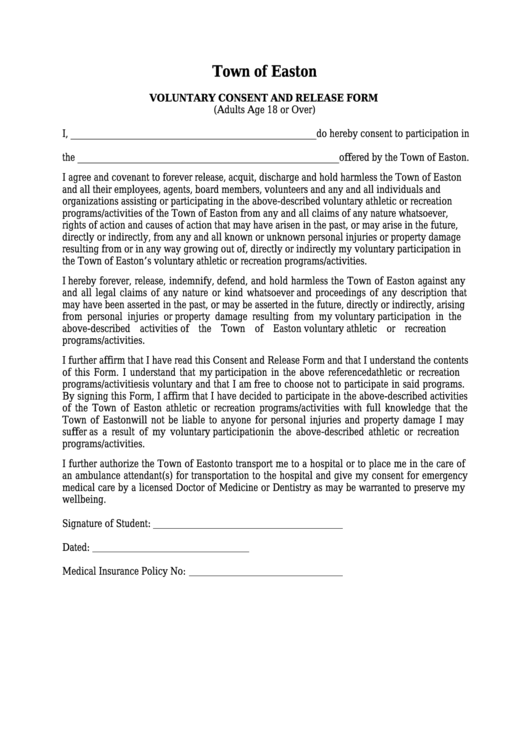 Voluntary Consent And Release Form - Town Of Easton Printable pdf