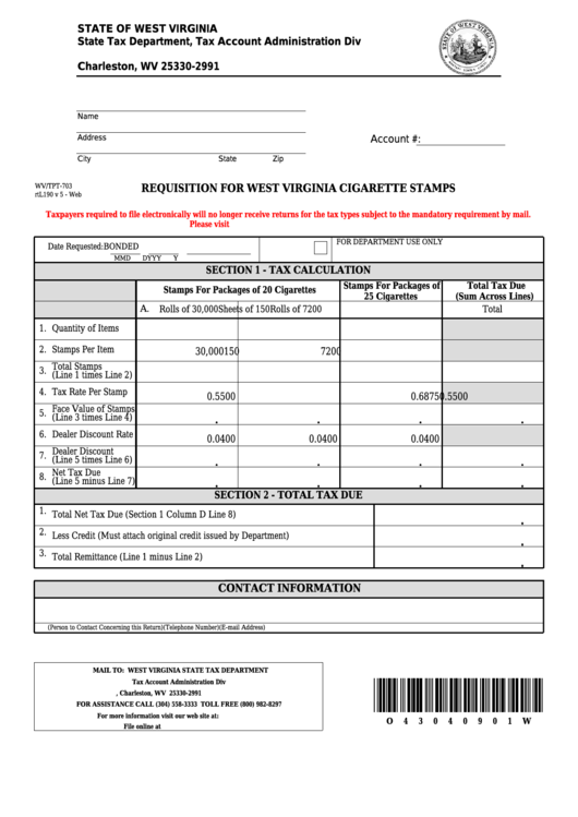Fillable Form Wv/tpt-703 - Requisition For West Virginia Cigarette Stamps Printable pdf