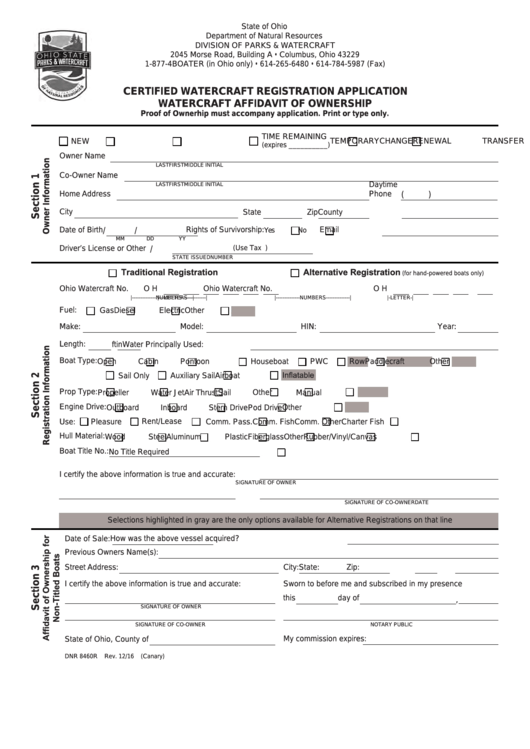 Form Dnr 8460r - Watercraft Affidavit Of Ownership Certified Watercraft Registration Application Form Printable pdf