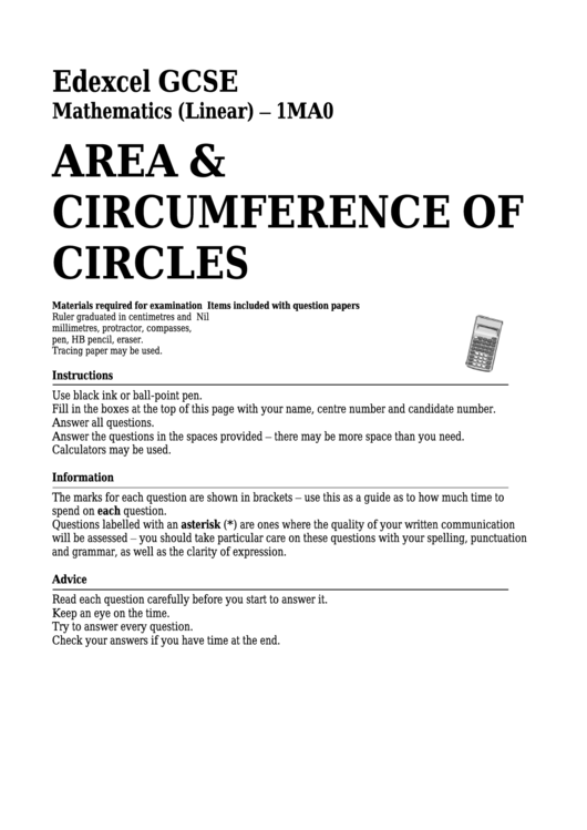 Edexcel Gcse Mathematics (Linear) - Area & Circumference Of Circles Printable pdf