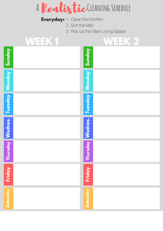 Fillable A Realistic Weekly Cleaning Schedule printable pdf download