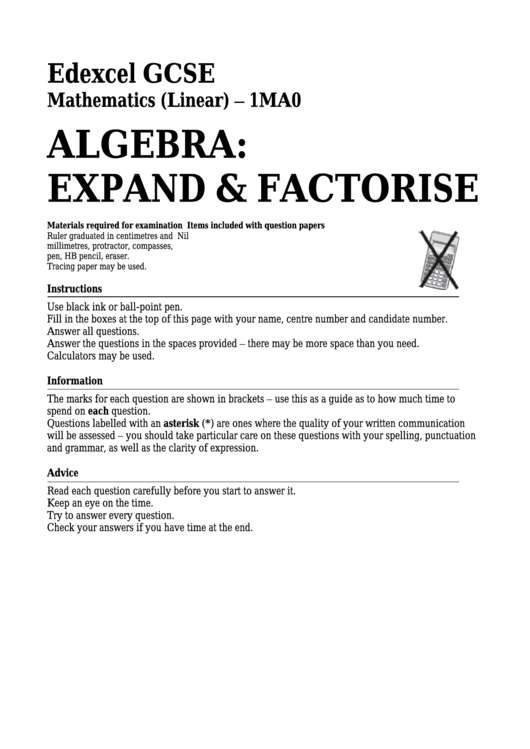 Edexcel Gcse Mathematics (Linear) - Algebra: Expand & Factorise Printable pdf