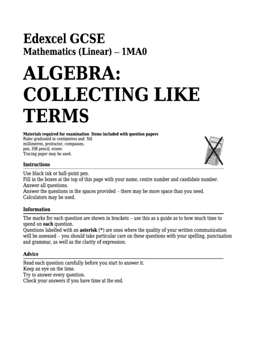 Edexcel Gcse Mathematics (Linear) - Algebra: Collecting Like Terms Printable pdf